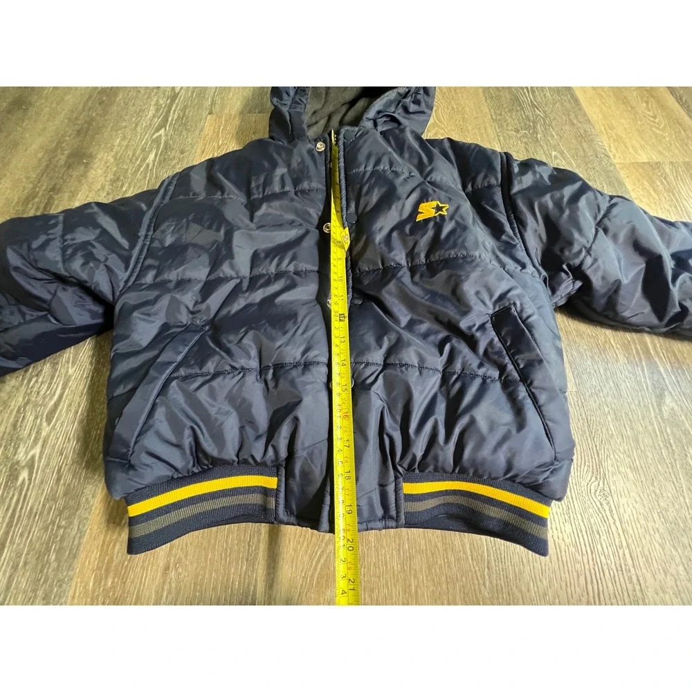 Starter Reversible Puffer Jacket Kids Size L Navy‎ Yellow Hooded Varsity Coat